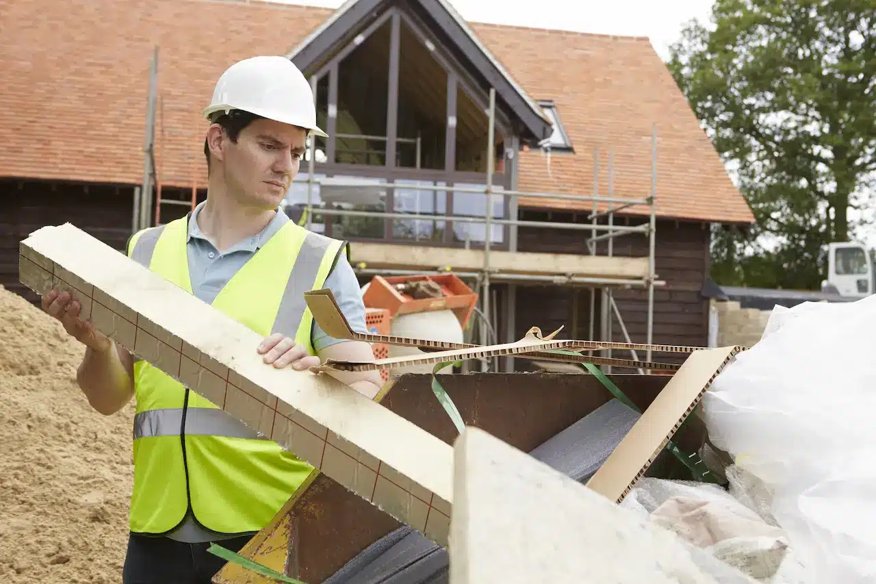 Builder Putting Construction Materials Waste Into Rubbish