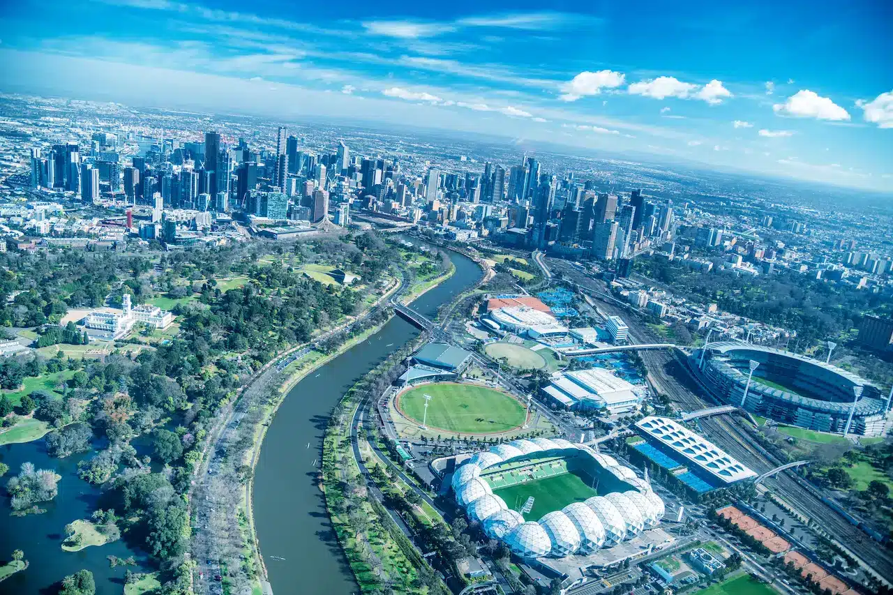 Aerial View of City Skyline and Stadiums